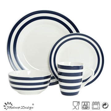 Conjunto de jantar de porcelana 16pcs com tira de decalque azul e design de pontos